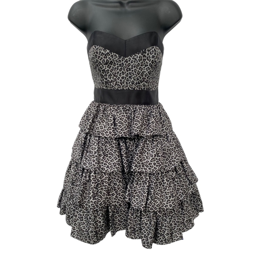 Betsy Johnson Leopard Cheetah Print Tiered Silk Strapless Cocktail Dress Size 4
